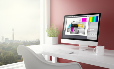 Wall Mural - red studio with graphic design computer