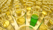 3D rendered yellow laboratory test tubes with green positive results