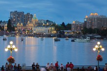 Victoria City, Canada - Canada Day Of 2016: View Of Victoria City Inner Harbor With Crowds Waiting For Fireworks Display.
