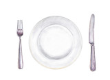 Fototapeta Łazienka - Set for meal. Fork, plate and knife isolated on white. Hand drawn watercolor illustration.