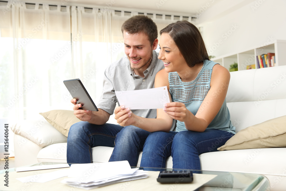 Happy couple checking bank account online - obrazy, fototapety, plakaty 