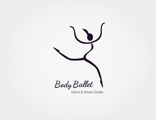 Dance icon concept. Body Ballet studio logo design template. Character silhouette isolated.Fitness class banner background with symbol of abstract ballerina sign in dancing poses. Vector illustration.