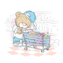 Cute teddy bear with a cart of gifts. Bear makes a purchase. Teddy bear in a supermarket. Vector illustration.