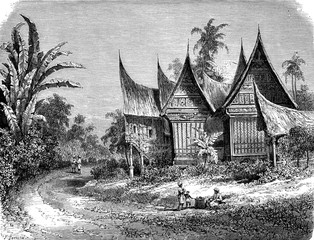 The house of a leader in Sumatra, vintage engraving.