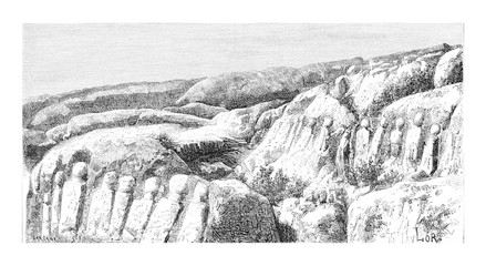 Poster - Carved Rocks of Hanaoueh near Tyre, Lebanon, vintage engraving