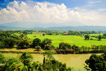 River And Rice Terrace Field With Cloudy Sky Background Landscape In Laos