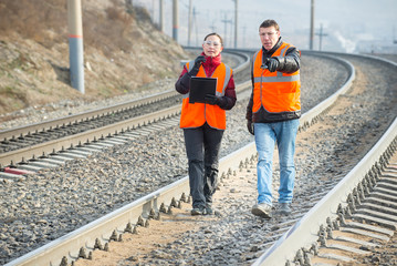 Wall Mural - Railroad workers maintaing railways