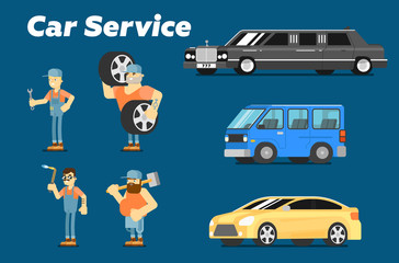 Wall Mural - Car repair service concept banner vector illustration. Serviceman in uniform at work. Car mechanic with tool, automobile servicing centre and garage, auto spares, maintenance, tuning and diagnostics.