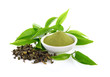 powder green tea and green tea leaf  on white