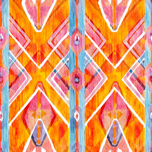 Ikat Geometric Red And Orange Authentic Pattern In Watercolour Style. Watercolor Seamless  .