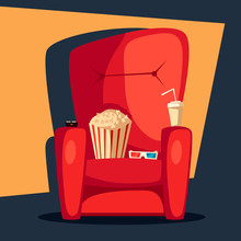 Movie Night. Home Cinema Watching. Cartoon Vector Illustration.
