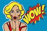 Fototapeta  - Pop art surprised blond woman face with open mouth. Comic woman with speech bubble. Vector illustration.