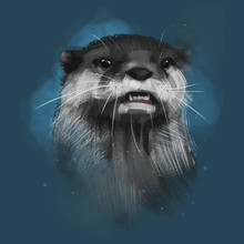 Illustrated Portrait Of Otter. Cute Face Of Aquatic Otter On Blue Background.