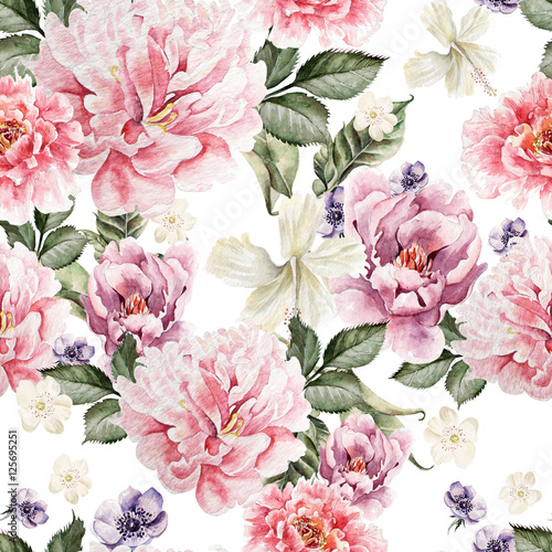 Fototapeta na wymiar Watercolor colorful pattern with flowers peony, anemone. illustrations