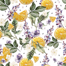Colorful Watercolor Pattern With Lavender Flowers, Anemones, And Orange Fruits. Illustrations.