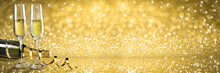 New Year Toast Champagne Banner, Golden Background 