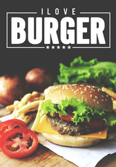 Grilled beef hamburger with vegetables on wood table, over light and film tone [blur and select focus background]