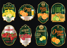 Set Of Organic Fruit Retro Vintage Golden Labels Collection