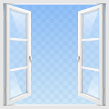 White Classic Wooden Open Window With Transparent Glass. Vector Graphics