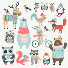 Poster - Christmas set with cute animals, hand drawn style.