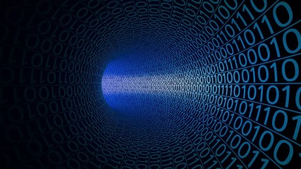 Wall Mural - Flight through abstract blue tunnel made with zeros and ones. Modern motion background. Computers, binary data transfer, digital technologies concepts. 4K seamless loop animation