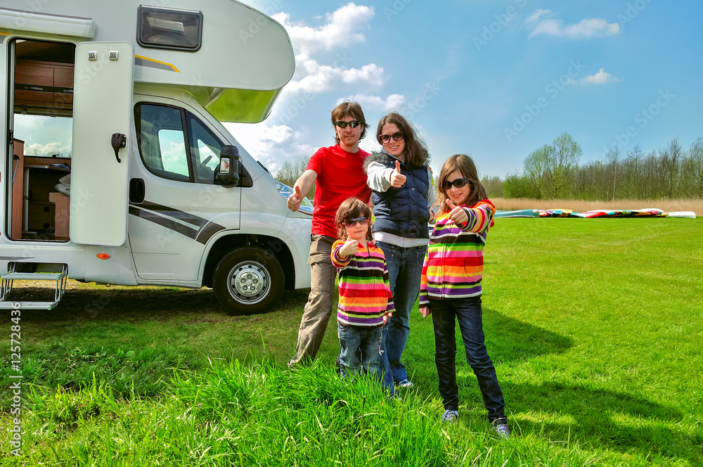 Family vacation, RV camper travel with kids, happy parents with ...