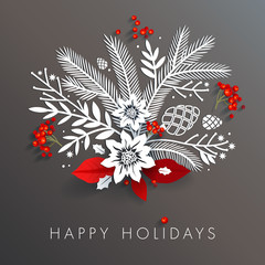 white paper floral holiday arrangement with red berries and leaves. long shadows on dark gray backgr