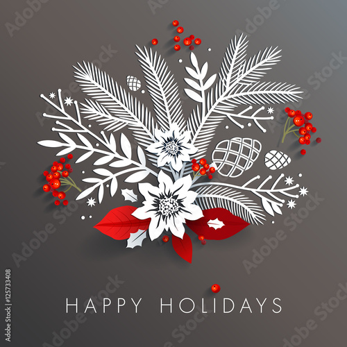 Fotografering White paper floral holiday arrangement with red berries and leaves