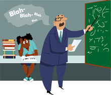 Dull Lecturer Teaching Class In Front Of A Bored Student, EPS 8 Vector Illustration, No Transparencies