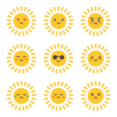 Wall Mural - Flat design cartoon cute sun character with different facial expressions, emotions. Set, collection of emoji isolated on white background.