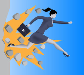 Wall Mural - Breaking the wall business concept. Confident business woman in business suit with case runs and breaks the wall on her way to success. Motivation, determination, careerism, effectiveness.