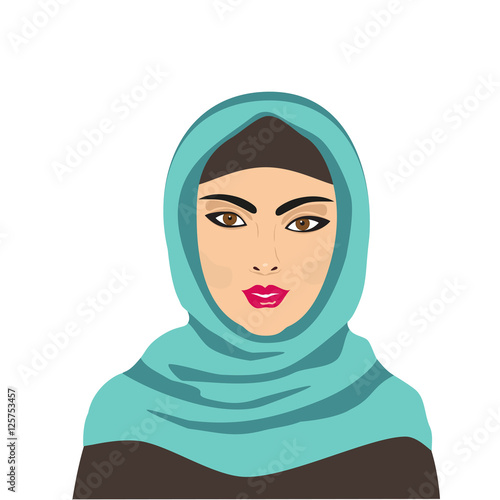 East people. Portrait of Muslim young beautiful woman dressed in blue ...