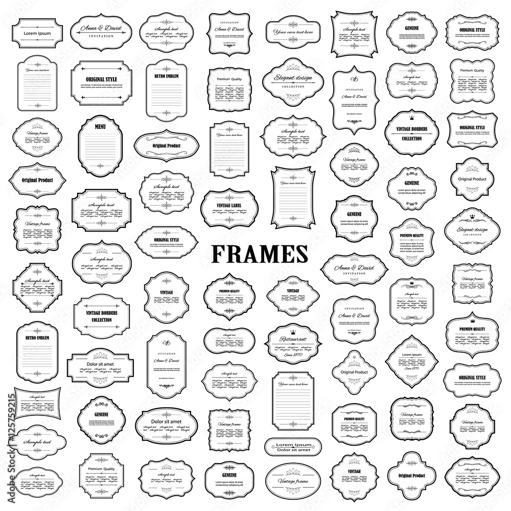 Frames, labels with decorative elements and sample text mega set ...