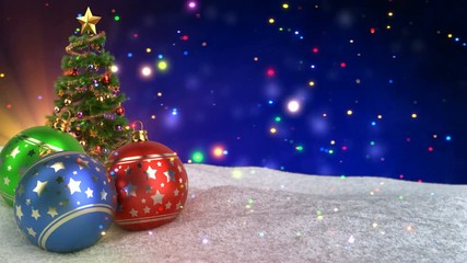Wall Mural - colorful christmas balls in snow on bokeh background. Seamless loop. 3D render.
