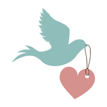 Blue Dove Bird Holding A Red Heart Icon Over White Background. Love Symbol. Vector Illustration