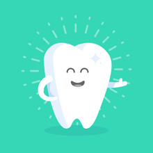 Cute Cartoon Tooth Character With Face, Eyes And Hands. The Concept For The Personage Of Clinics, Dentists, Posters, Signage, Web Sites