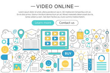 Poster - Vector elegant thin line flat design Video online technology concept. Website header banner. Video tutorials learning Presentation, flyer and poster.