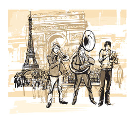 Leinwandbilder - Musicians in front of Eiffel tower in Paris