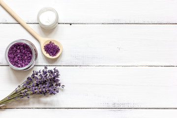 ingredients for manufacture of natural cosmetics with lavender top view