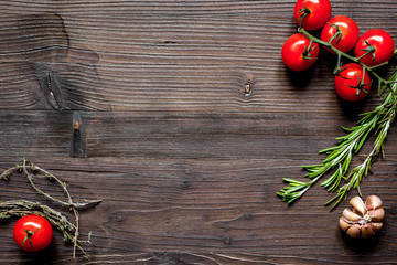 tomato, rosemary and garlic on dark wooden background top view