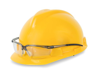 Yellow safety helmet and goggles  isolated on white background