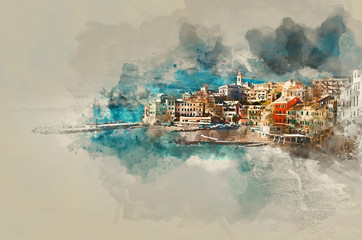 Wall Mural - Digital watercolor painting of Bogliasco. Italy