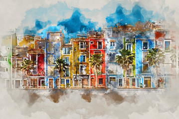 Sticker - Digital watercolor painting of Villajoyosa town, Spain