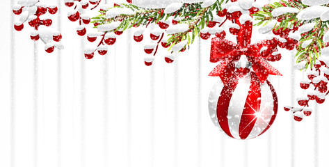 Wall Mural - Christmas background with fir branches and red ball