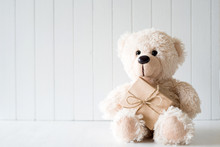  White Christmas Background With Teddy Bear - Copy Space
