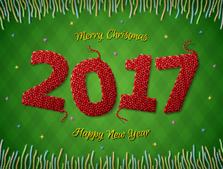 Wall Mural - New Year 2017 in shape of knitted fabric on checkered background. Christmas wishes surrounded by colored threads. Vector image for new years day, christmas, winter holiday, new years eve, silvester