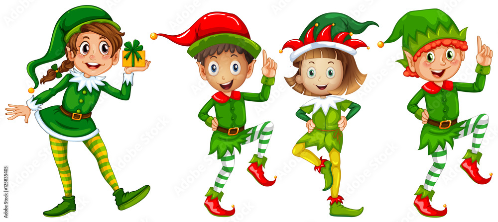 Christmas elf in green costume - obrazy, fototapety, plakaty 