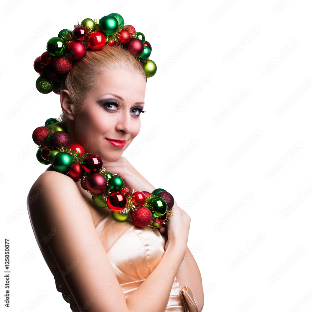 Stock-Foto „junge Frau mit Weihnachtskopfschmuck isoliert vor weißem Hintergrund“
