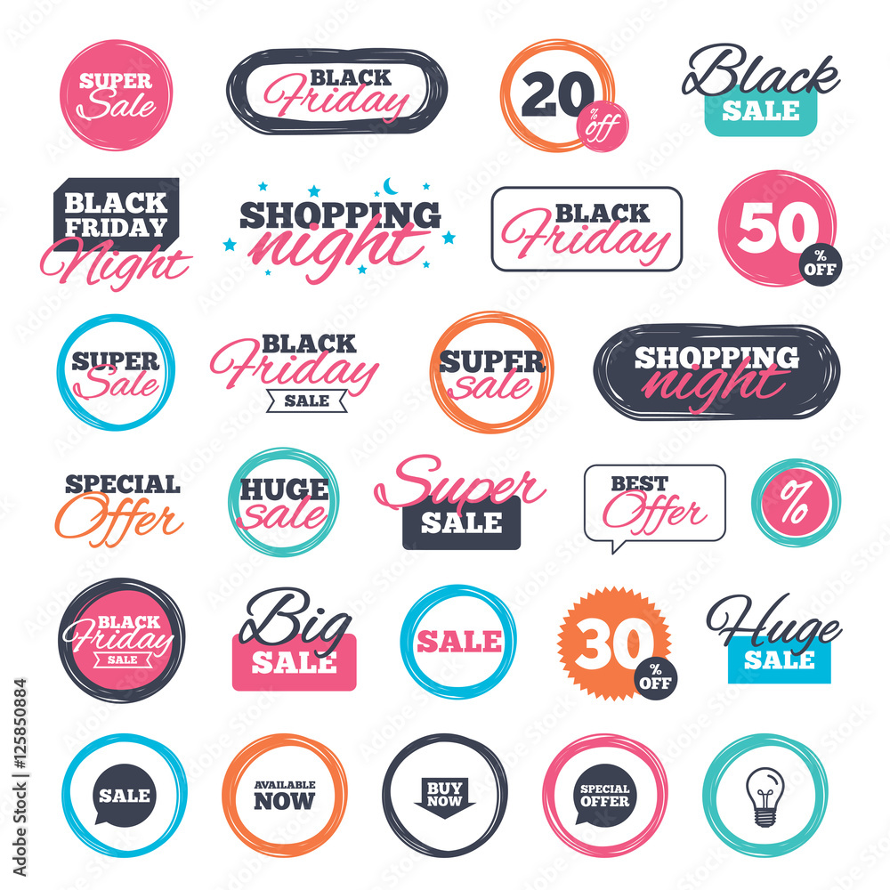 Sale shopping stickers and banners. Sale icons. Special offer speech bubbles symbols. Buy now arrow shopping signs. Available now. Website badges. Black friday. Vector