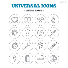 Universal Icons. Quotes, Ribbon Heart And Cake. Clover, Mushroom And Ice Cream. Smoking, Knife And Fork. Round Flat Buttons With Linear Icons. Vector